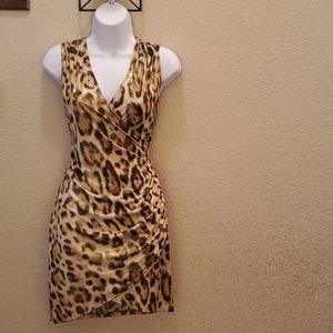 Metallic Gold Leopard Print Wrap V-Neck Mini Dress Size L Juniors Sleeveless